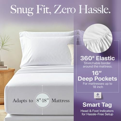 Carressa Linen 100% Egyptian Cotton Queen Sheet Set - 600 Thread Count Egyptian Cotton Queen Sheets Set (4 PC, Crisp White), Ultra Soft, Cooling, 16" Deep Pocket Sateen Weave Luxury Hotel Bed Sheet - Thumbnail 4