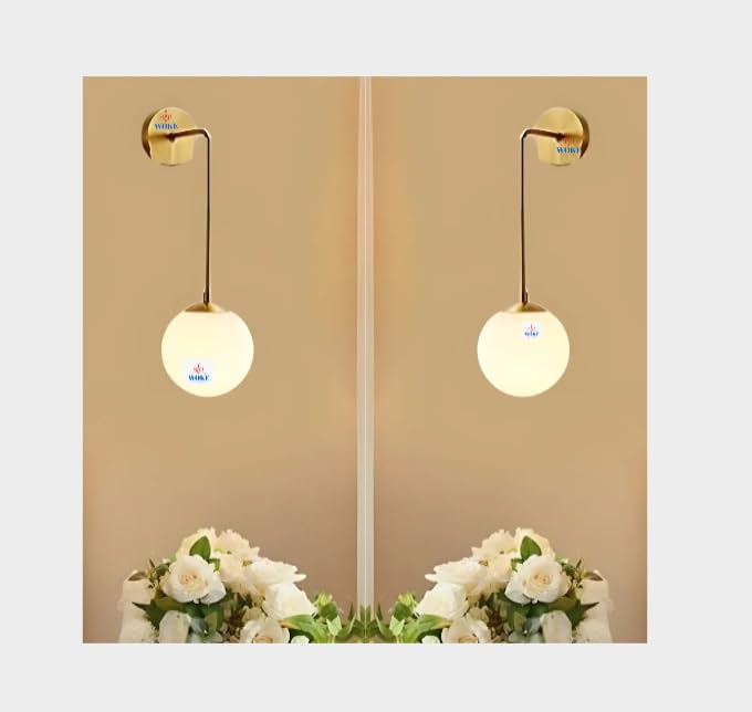 Image of WOKE Adjustable Golden Wall Lamp, Premium Plated Finish, White Globe Glass, Modern Wall Light for Home, Living Room, Bedroom, Office, Hotel, E27 Holder, 8-24 Inch Adjustable Height Bulb not Included