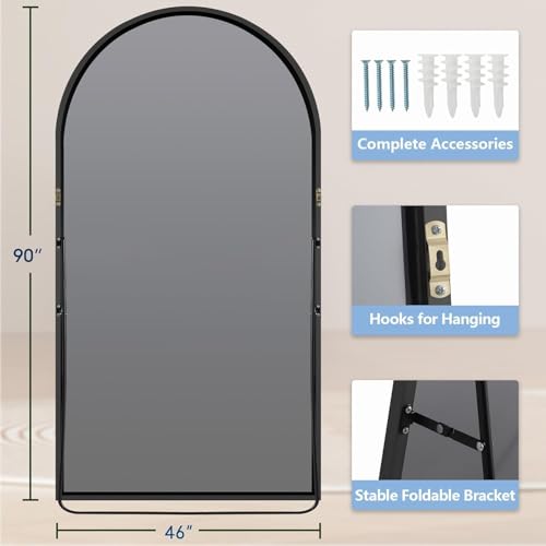 Image of Prywot Full Length Mirror, Oversized 90 inchx46 inch Arched-Top Floor Mirror, Black