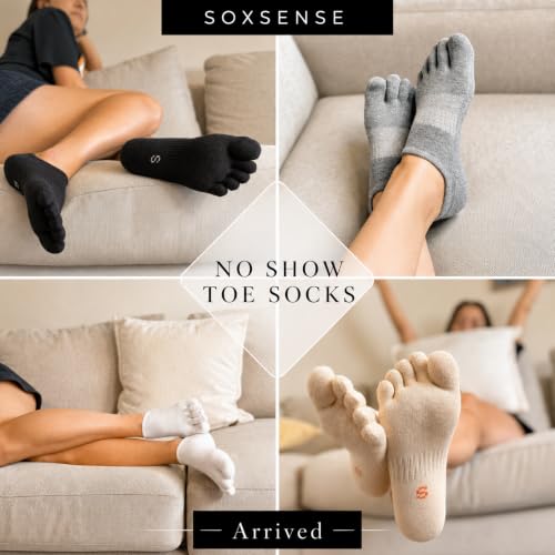 Image of Soxsense No Show Toe Socks Premium Cotton for Women, Align Toes Five Finger Liner Low Cut Thin Socks for Bunion, (4 Pairs)