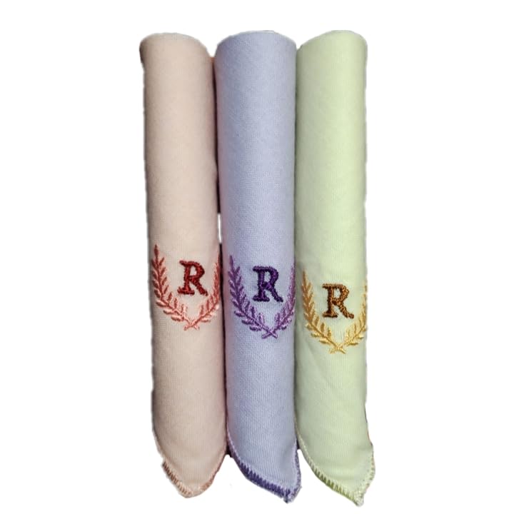 quienz Ladies Initials (R) Multicolor 100% Cotton Handkerchiefs Pack of 3 (6551 C/C)-picture-3