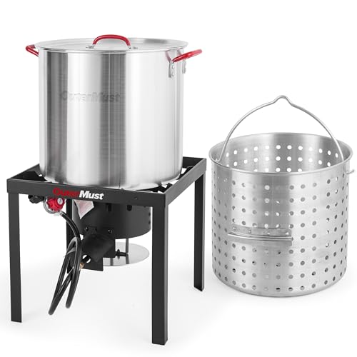 Image of OuterMust 60 Qt. Seafood Boil Pot and Burner Kit Seafood Boiling Pot with Basket, 110,000 BTU Aluminum Crab Boil Burner with 10 PSI Regulator for Cooking Crayfish, Shrimp