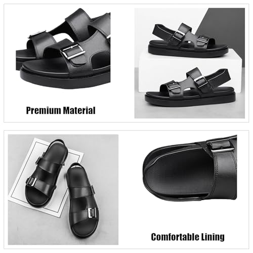 Men's Genuine Leather Platform Two Band Slingback Casual Sandals With Adjust Metal Buckle Fashion Elastic Back Strap Round Open Toe Thick Cushion Soft Slip On Outdoor Walking Sandals For Leisure Daily2