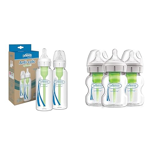Image of Dr. Brown's Natural Flow Options+ Narrow Glass Baby Bottles, 8oz & Dr. Brown’s Natural Flow® Anti-Colic Options+™ Wide-Neck Glass Baby Bottles 5 oz/150 mL, with Level 1 Slow Flow Nipple, 3 Pack, 0m+