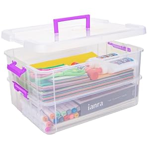 2 Layer Plastic Storage Containers with Lids, Multipurpose Clear Stack & Carry Box, Portable Craft Organizers and Storage Bin for Organizing Art & Craft, Sewing, Makeup, Nail Supplies (Purple)