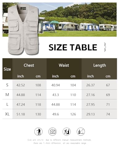 Vanchenl Herren Utility Weste Safari Reise Cargo Outdoor Arbeit Leichtes Foto Schießen Weste mit Taschen Khaki S