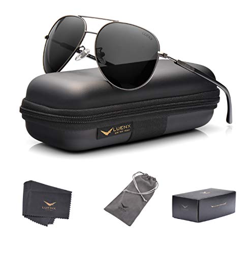 LUENX Aviator Sunglasses for Men Women Polarized Driving UV 400 Protection Grey Lens Gun Metal Frame 60mm