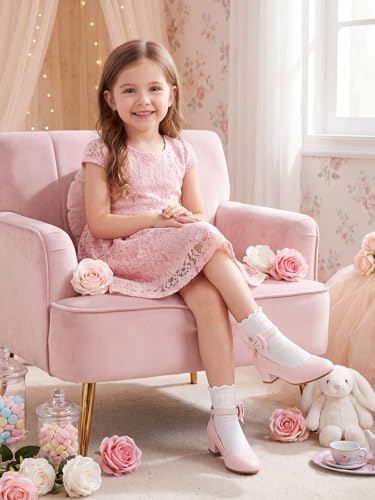 Image of Coutgo Girls Dress Shoes Flower Girl Bow Chunky Heels Closed Toe Ankle Strap Pumps Wedding Party Princess Shoes