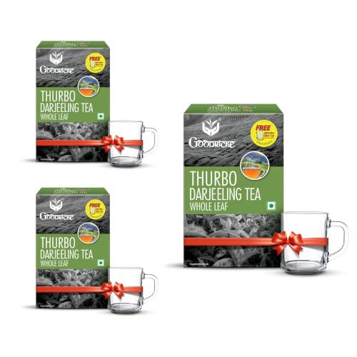 Image of Goodricke Thurbo Darjeeling Tea 250gm Pack of 3 with Complimentary Glass Cup, Loose Whole Leaf Darjeeling Black Tea with Delicate Aroma and Bright Character, 100% Sourced from Goodricke Gardens
