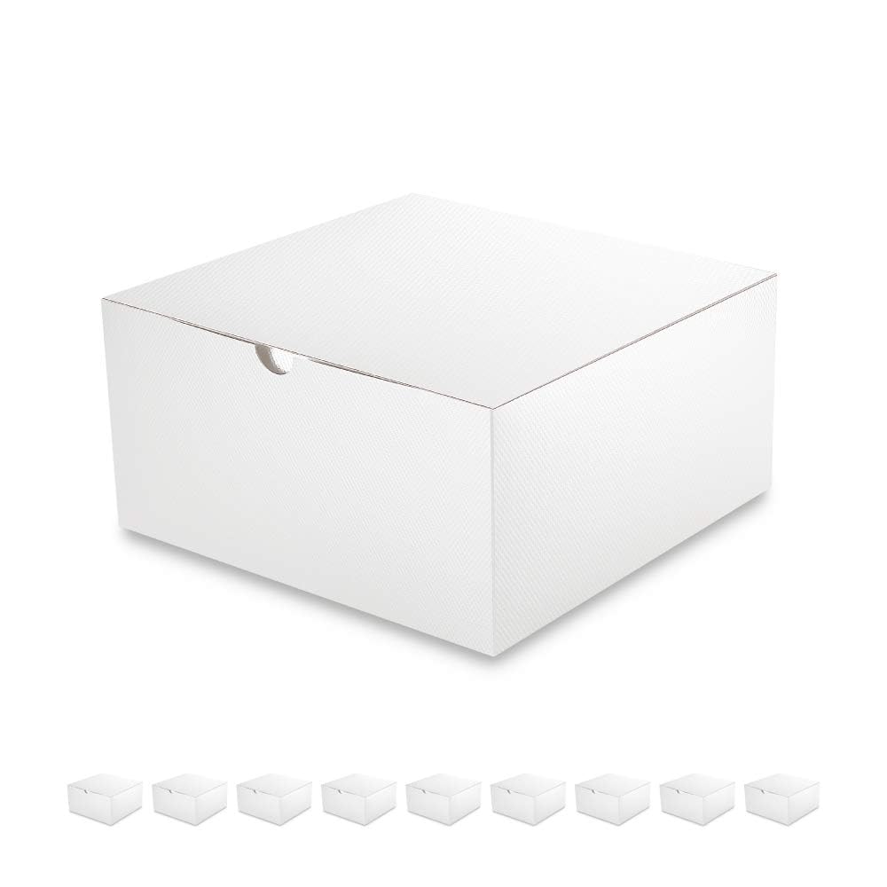 PACKQUEEN 10 Geschenkboxen 20.3x20.3x10.2 cm, Geschenkboxen mit Deckel, Boxen für Geschenke, Brautjungfer, Antragsboxen, weiße Geschenkboxen für leichte Geschenke, Basteln (glänzendes Weiß, Maserung)