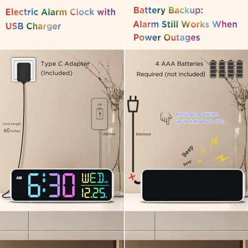 Image of Peakeep Large Display Digital Alarm Clock for Bedroom with Date Day of Week | Colorful Calendar Desk Table Clocks for Living Room Office, Dimmable Electric Clock Battery Backup, 5 Volumes, Loud, Auto DST