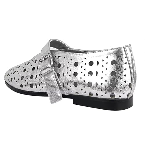 Agodor Ballerina Flats for Women,Hollow Out Round Toe Mary Jane Flats Buckle Strap Low Heel Ballet Flats Shoes for Women,Casual Comfy Daily Dress Shoes Silver US94