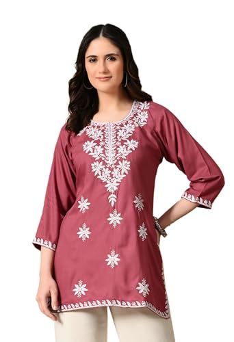 Image of LIBOZA Women's Chikankari Embroidered Short Kurti, Rayon Fabric, Three-Quarter Sleeves, Available in Pink, Black, Mustard Yellow, White, Pista and Green