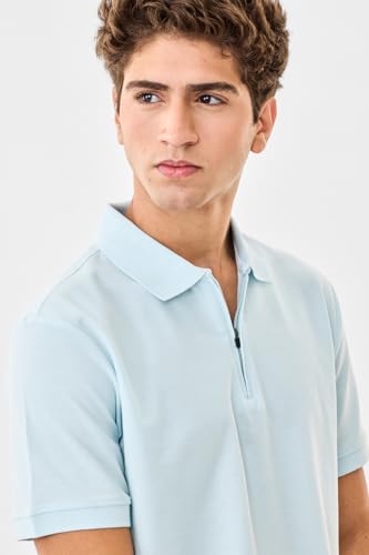 Image of SNITCH Men Polo T-Shirt | Modern Zip Closure & Textured Weave Design | 100% Cotton Breathable Fabric & Regular Fit Minimalist Style, Versatile Casual Wear
