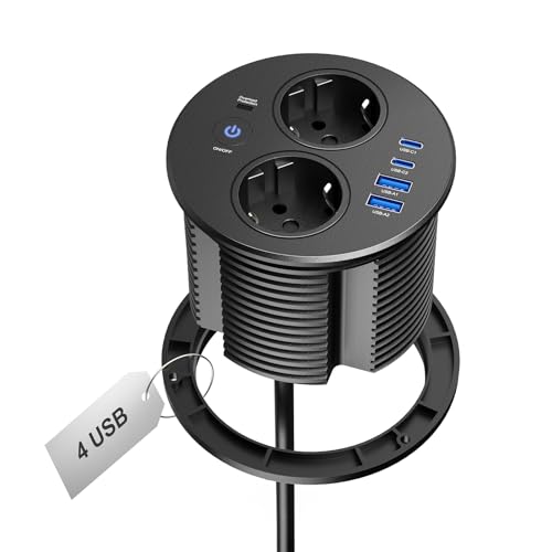 Prise encastrable Plan de Travail escamotable avec Interrupteur, 2 Prises + 4 USB Dont 2 USB-C PD 20W, multiprise encastrable Ronde pour Bureau et Cuisine,...