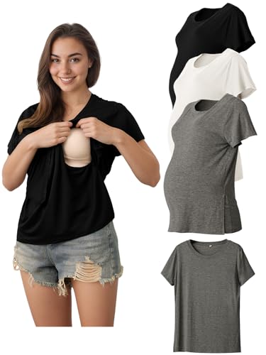 Image of Rnxrbb Hidden Summer Nursing Tops for Breastfeeding Short Sleeve Maternity Nursing T Shirts Clothes 3 Pack Double Layer