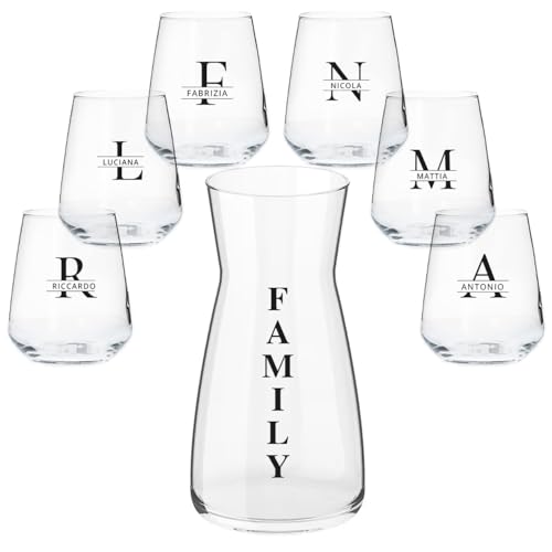 'Family' Set Caraffa e 6 Bicchieri Personalizzati con Nomi e Iniziali Adatti ad Acqua Vino Birra Tutte le Bevande Idea Regalo Casa Cena Pranzo Feste Famiglia Natale Compleanno Decorazioni