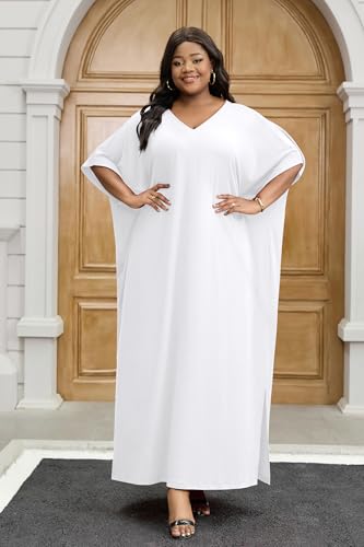 Image of Runwind Plus Size Maxi Dress for Women Short Sleeve V Neck Casual Long Dresses with Pockets