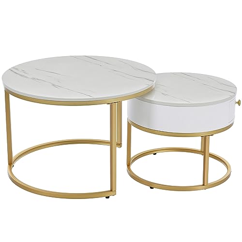 Nesting Coffee Table with Drawer - High Gloss Marble Pattern - Modern Round Side Tables Set of 2 - White - Image 7