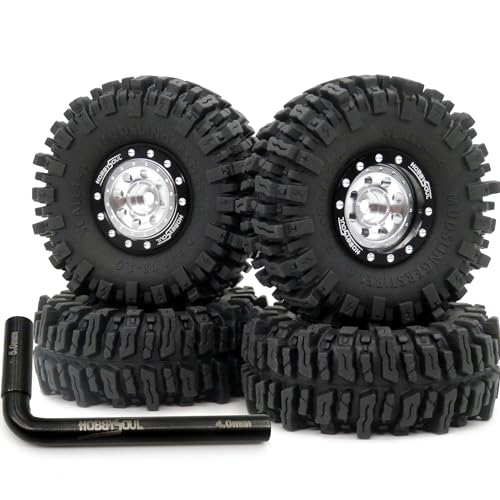 HOBBYSOUL RC 64mm 1.0 Mud Slingers Tires Tyres & Metal 1.0 beadlock Wheels Adjustable Offset Rims, 1/18 1/24 Tires Wheels for RC Rock Crawler 1/18 TRX4M 1/24 SCX24 FCX24