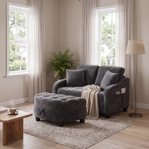 Image of ERYE Chenille Tufted Loveseat Sofa and Ottoman Set, Tufted Recliner Sleeper Chaise Lounge with Curved Storage Ottoman,Reclining Backrest and Side Pockets, 4 Pillows
