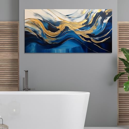 Peinture sur toile abstraite bleue prête à accrocher pour mur vide