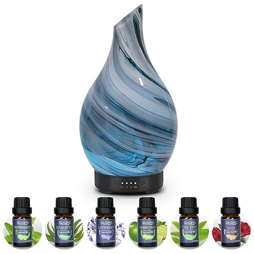 Essential Oil Diffuser 120 ML Aroma Ultrasonic Diffuser, with 6Pcs*10ml Pure Essential Oil Gift Set, Handmade Art Glass with Night Lights, …