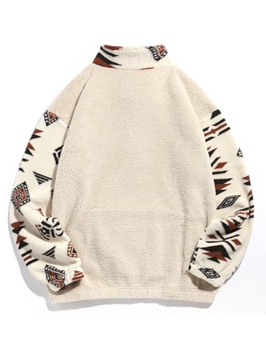 Image of ZAFUL Men 1 /4 Zipper Ethnic Aztec Fleece Unisex Winter Sweatshirt Tops 2026 | Funnel Neck Fluffy Polar Fleece Faux Sherpa Soft Thermal Pullover Kangaroo Pocket Jacket Hoodie Tops