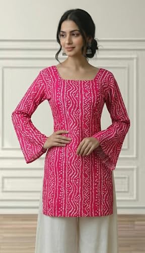 Image of MAHIRA'S Women's Short Kurti, Black Rayon Tunic Top with Embroidered Sleeves, 3 /4 Designer Sleeves