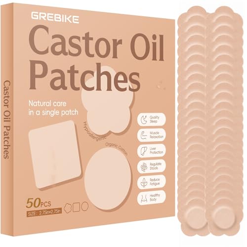 GREBIKE 50PCS Castor Oil Patches, Castor Oil Pack Wrap Disposable Organic Cotton Self-Adhesive Pads for Belly Button, Anti Leakage Design, Breathable & Portable, No Wash (Beige)