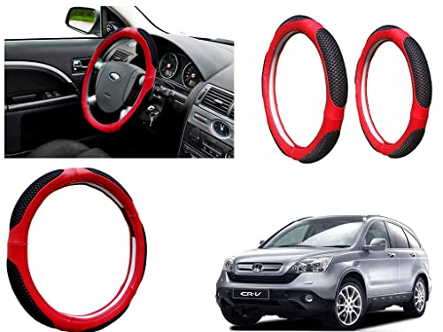Image of Microfiber Car Steering Wheel Cover, Soft Padding Great Hand Feel, Anti-Slip, Faux Leather Steering Cover for Honda CRV | Black Red Jali - Pack of 1