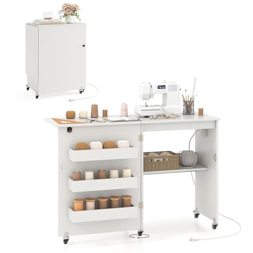 COSTWAY Sewing Machine Table with Charging Station, Folding Sewing...