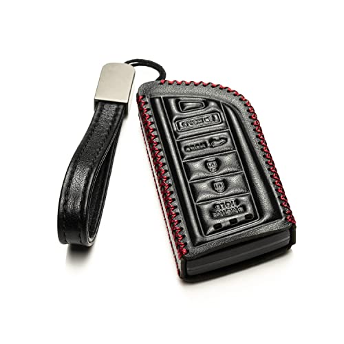 Image of Vitodeco Genuine Leather Smart Key Fob Case with Leather Key Strap Compatible for Acura MDX, RDX, ADX, TLX, INTEGRA - 5-Button, Black /Red (Pack of 2)