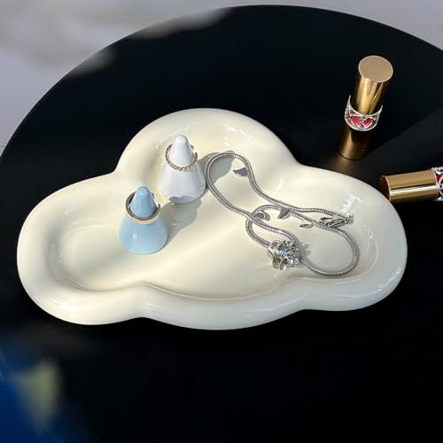 Image of Jewelry Dish Trinket Tray for Women, Ring Holder, Unique Cloud Shape Ceramic Plate Cute Things Vanity Aesthetic Room Decor Mother's Day Birthday Christmas Warm House Gifts (Creme) (JT001)