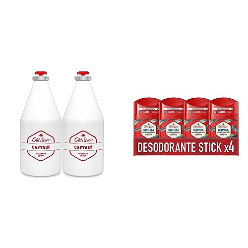 Old Spice Captain Loción Aftershave, PACK x 2, 100 ml & PACK X4 Deep Sea Desodorante en Barra para Hombres, 50 ml