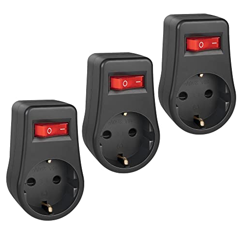 GlamPiece Steckdose mit Schalter, 1 fach Steckdosenadapter, Stecker Schaltbar, Zwischenstecker mit Schalter Schwarz (3 Stück)