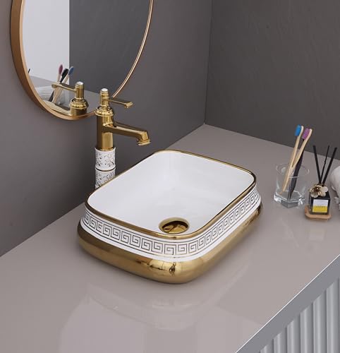 Image of LUXART Luxury Ceramic Vessel Sink | Premium Golden Greek Key Pattern | 18 x 14 x 5 IN Tabletop Countertop Wash Basin for Bathroom, Vanity & Hotel