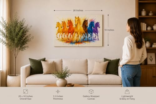 Image of 7 Horse Vastu Sunrise Canvas Painting | Positive Energy Wall Decor | Big Size Premium Running Horses Artwork for Home, Office & Hall Decoration (Modern, Yellow Horse, 26x18 Inch)
