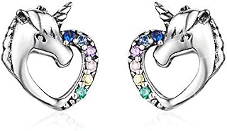 MengCat Unicorn earrings for girls,Heart Shape 925 Sterling Silver Rainbow Cubic Zirconia Screwback Earrings Gift for Her, Women, Girl