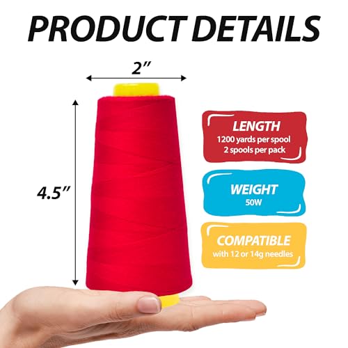 Image of Mandala Crafts Red Mercerized Cotton Thread Cones, Sewing Quilting | 2400 Yds 50 WT, 100% Long Staple Cotton, Multipurpose, for Embroidery, Piecing, Sergers, Applique, Machine and Hand Sewing