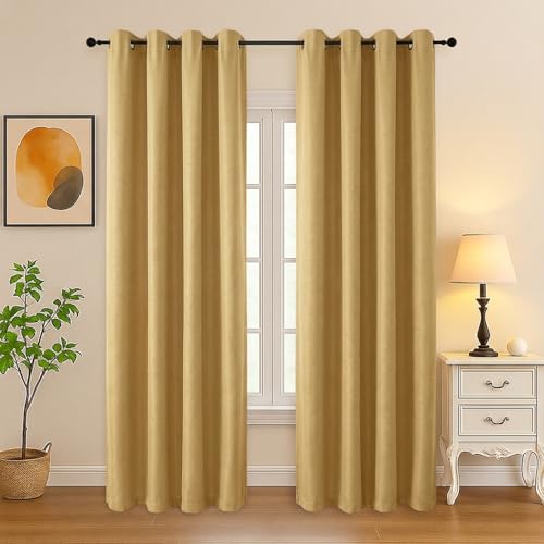 Image of Simplebrand Gold Room Darkening Curtains for Bedroom Living Room 84 Inch Length 2 Panels Set, Thermal Insulated Curtains & Drapes, Solid Grommet Noise Reducing Window Treatment, W50 x L84 Inch