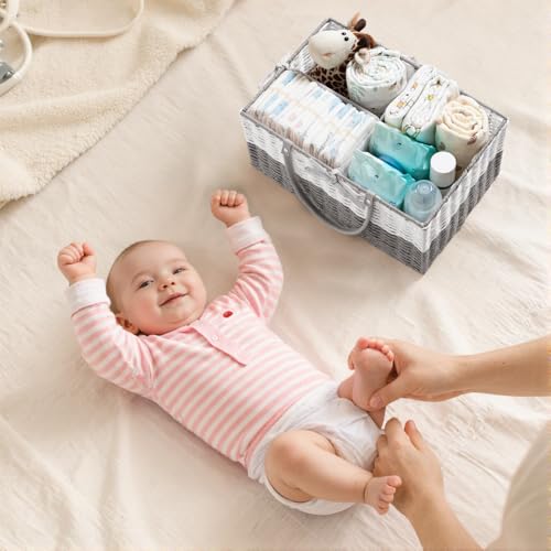 Image of HBlife Baby Diaper Caddy Organizer, Paper Rope Storage Baskets Nursery Bin with Removable Divider, Portable Car Organizer for Diapers, Baby Shower Gifts, Newborn Essentials Must Haves