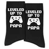 RZQIJ Funny Papa Socks – LEVELED UP TO PAPA Sign Black Mid-Calf Crew for Men – Fun and Cozy Dads Socks – Unique Gamer Gift from Sons(153)