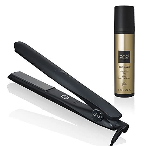 ghd Gold Styler Essentials Duo ― Gold 1" Flat Iron Hair Straightener (Black) with Bodyguard Heat Protection Hair Spray (4 fl. oz.)