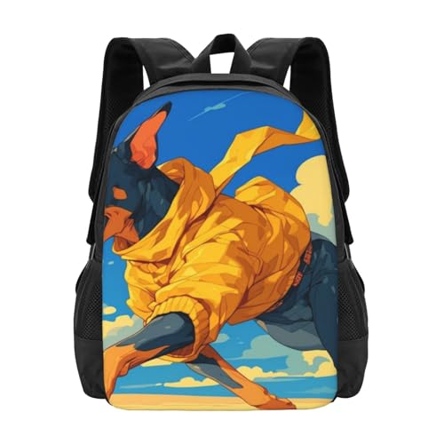 Commuter Unisex Doberman Yellow Hoodie Sky Backpack Spacious Compartments for Work Essentials Casual Outings & Trips 17 Inch