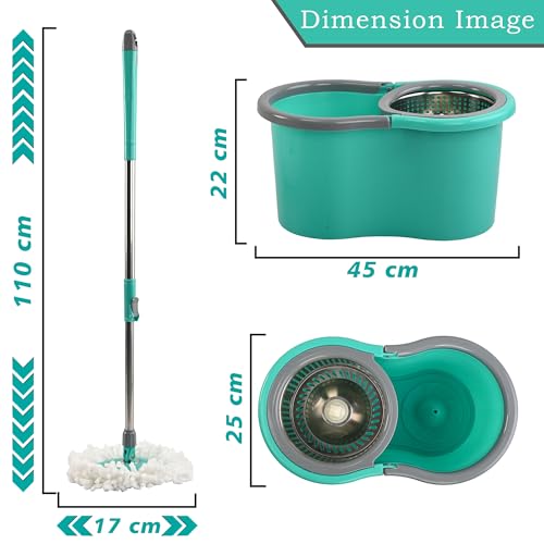 Image of Urbane Home Plastic Spin Mop with Stainless Steel Wringer | Big Bucket Moppers for Cleaning Floor, 2 Refills | 360 Floor Cleaner Mopping Set for Home & Office | Pocha Stick - (Mint Green)