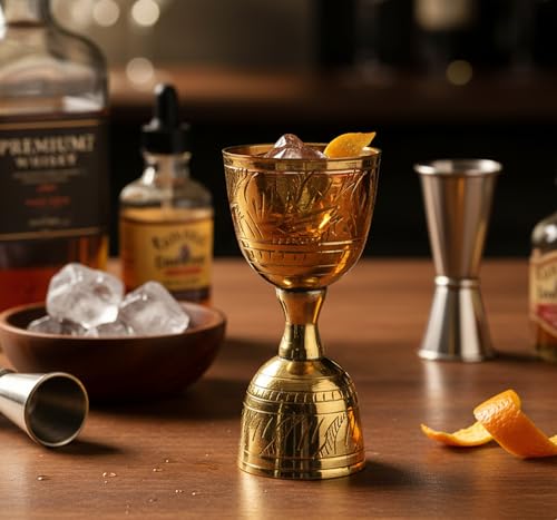 Image of eSplanade Brass Liquor Peg Measuring Glass Jigger Bar Tool - Double Sided - 30 and 60 ml - Golden Engraved