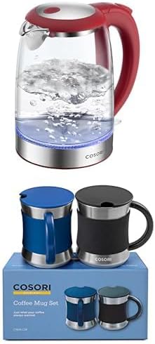Bundle of COSORI Electric Kettle Red + COSORI Coffee Mug with Lids Set of 2
