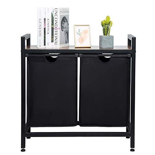Dofasayi Laundry Basket, Double Laundry Hamper, Pull-Out And Removable Laundry Bags, Metal Frame, Oxford Fabric, Wooden Shelf, 2 X 50L, 29 X 13.8 X 29.13 Inches, Black #TOP18