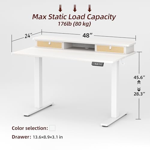 Image of TIQLAB Standing Desk with Two Drawers, Stand Up Standing Desk Adjustable Height, Electric Sit Stand Table with Storage Shelf and Splice Board, 48 * 24 inch, White Wicker